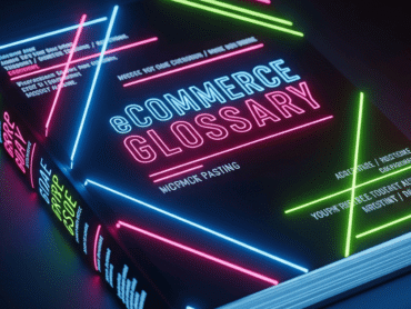 Ecommerce Glossary Graphic Featuring Digital Business Book and With Symbols