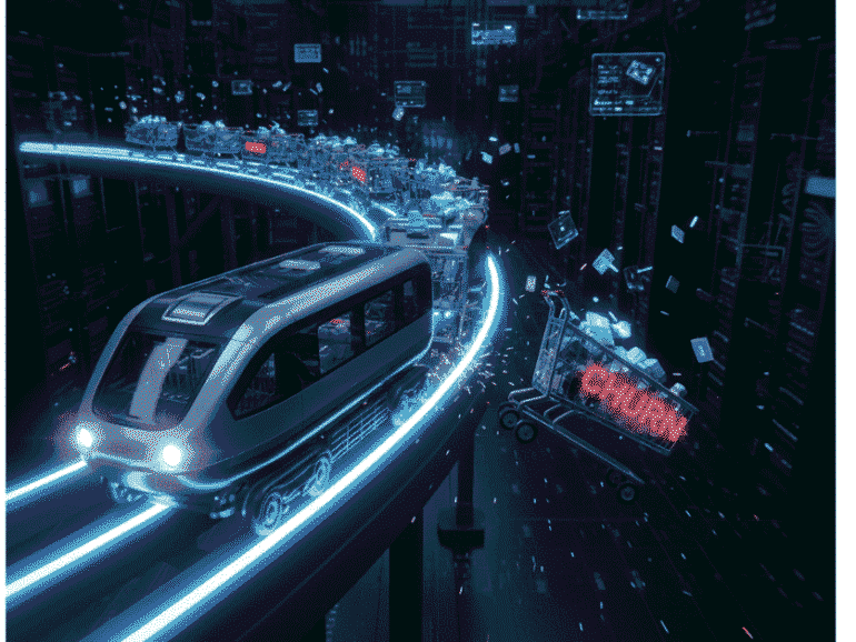 Ecommerce carts train showing one derailing cart labeled “churn” representing how is churn rate calculated - Ecommerce Churn Rate