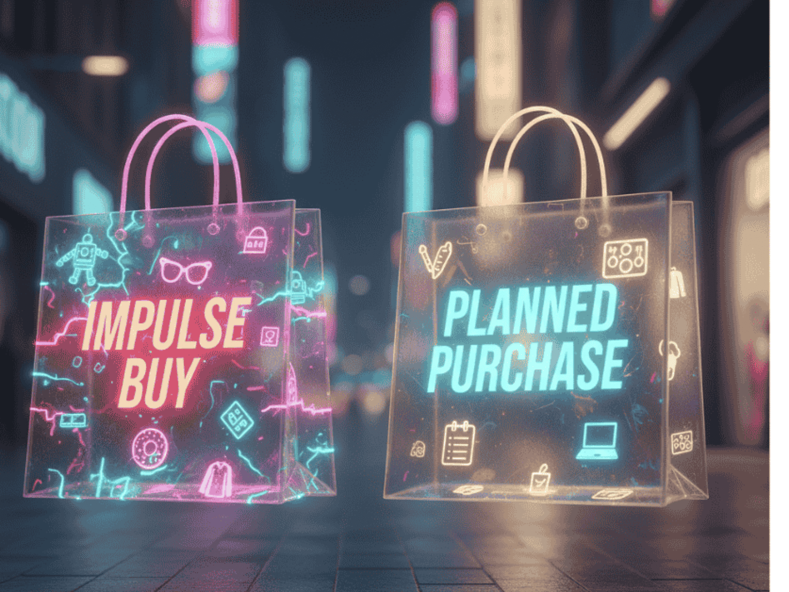 Two glowing shopping bags labeled “Impulse Buy” and “Planned Purchase” illustrating Ecommerce Sales Concept Comparisons