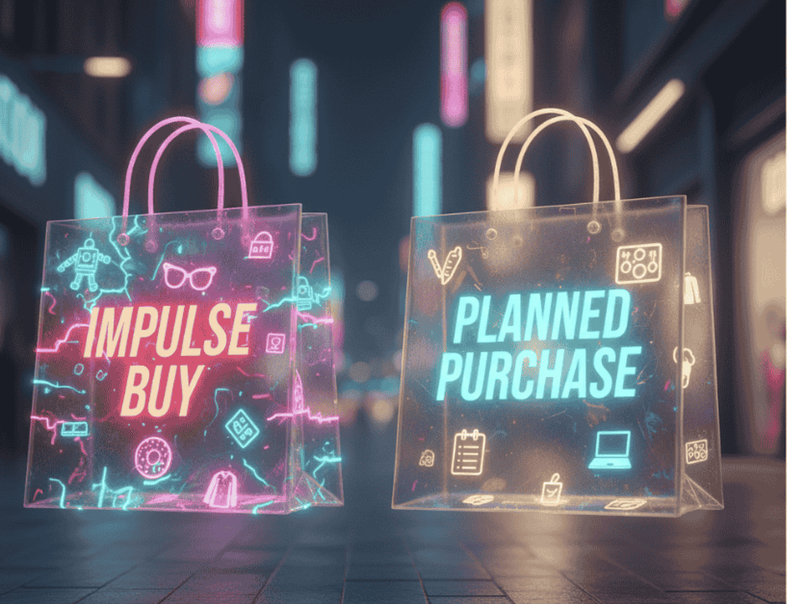 Two glowing shopping bags labeled “Impulse Buy” and “Planned Purchase” illustrating Ecommerce Sales Concept Comparisons