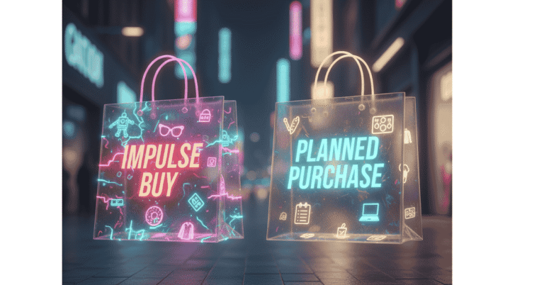 Two glowing shopping bags labeled “Impulse Buy” and “Planned Purchase” illustrating Ecommerce Sales Concept Comparisons