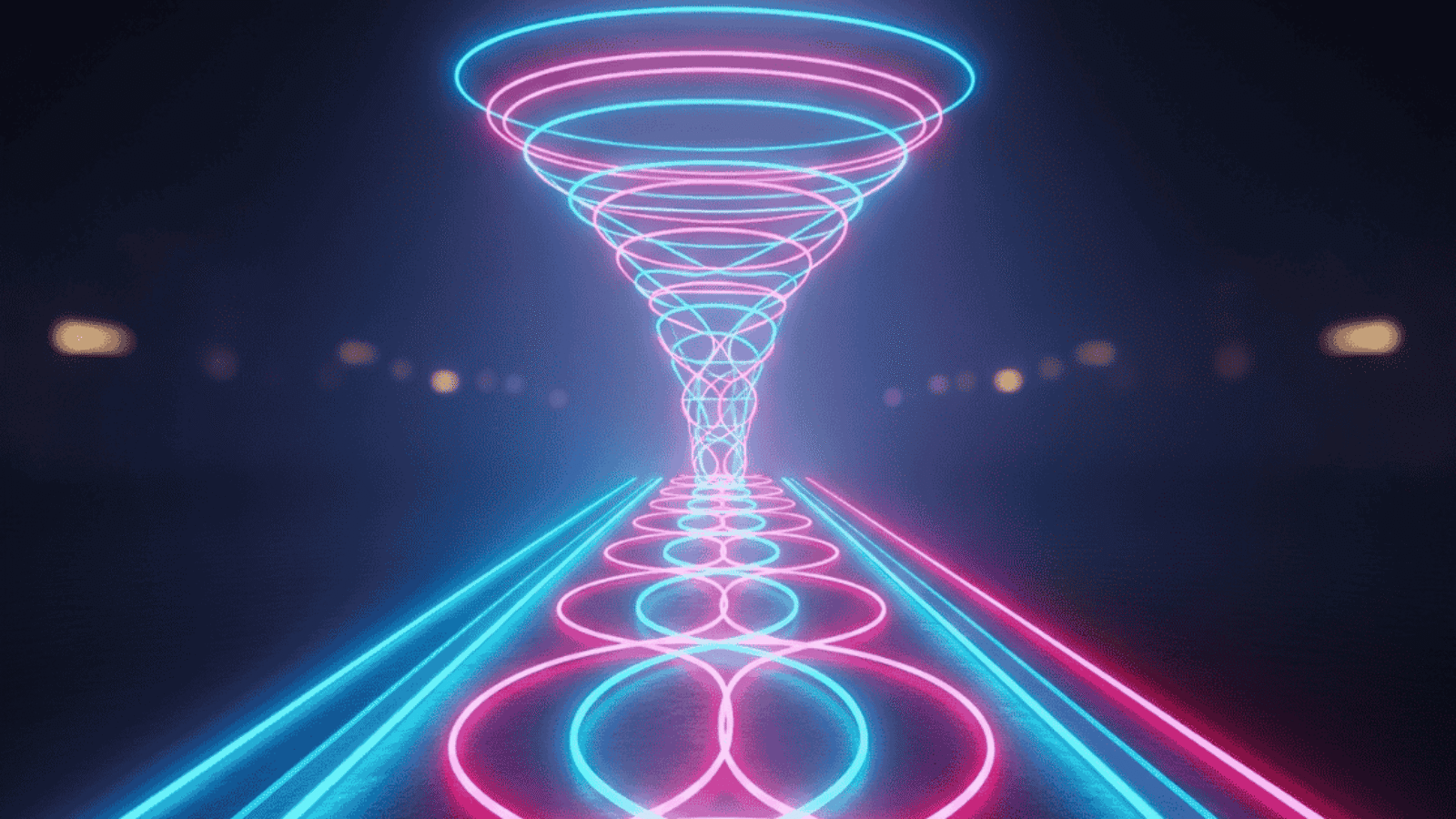 Neon pathway glowing toward a futuristic sales funnel, symbolizing the customer journey through ecommerce sales funnels.