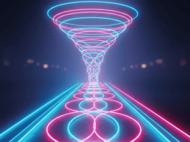 Neon pathway glowing toward a futuristic sales funnel, symbolizing the customer journey through ecommerce sales funnels.