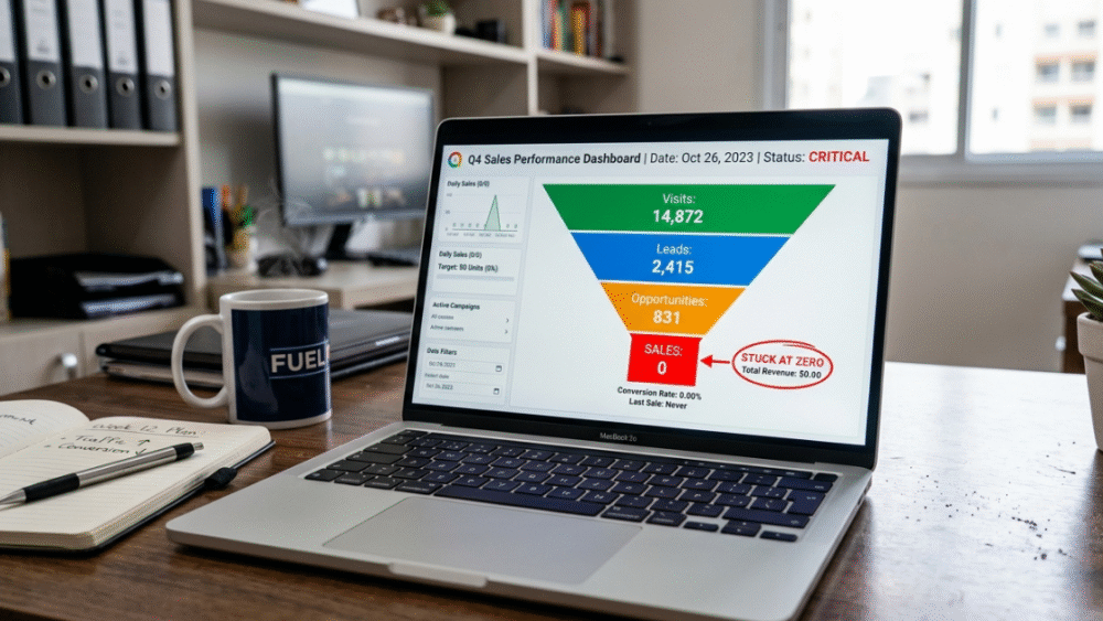 Ecommerce sales funnel dashboard on laptop showing high traffic but zero sales and low conversion rate