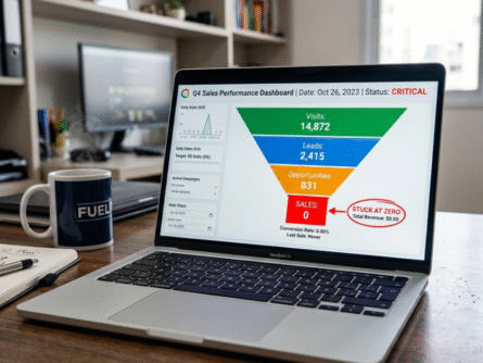 Ecommerce sales funnel dashboard on laptop showing high traffic but zero sales and low conversion rate