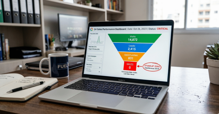 Ecommerce sales funnel dashboard on laptop showing high traffic but zero sales and low conversion rate