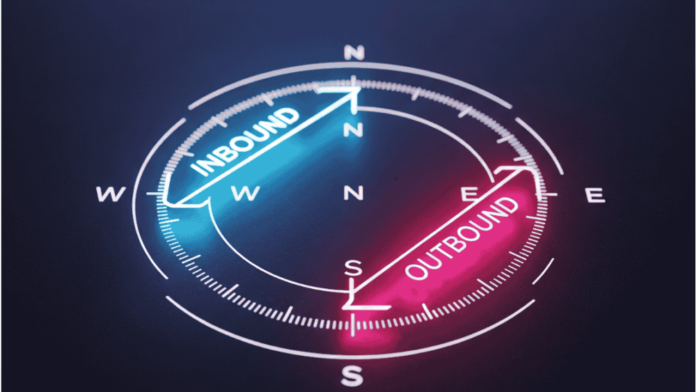 Inbound vs Outbound Sales illustrated as two sides of a split strategy, showing key methods like content marketing vs cold calling, in a subtle neon business-themed style.