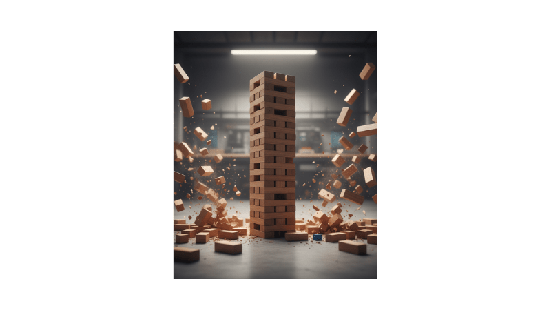 A perfectly stacked tower resisting falling blocks around it.