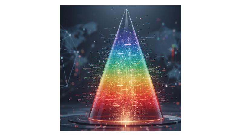 A sleek, luminous gradient cone narrowing downward, with particles representing data flowing through — symbolizing awareness narrowing to purchase.