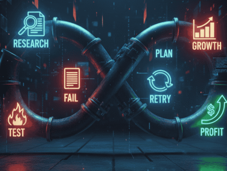 Infinity loop with Test, Fail, Retry, Burn Cash icons showing the struggle behind Is E Commerce Business Easy in 2025