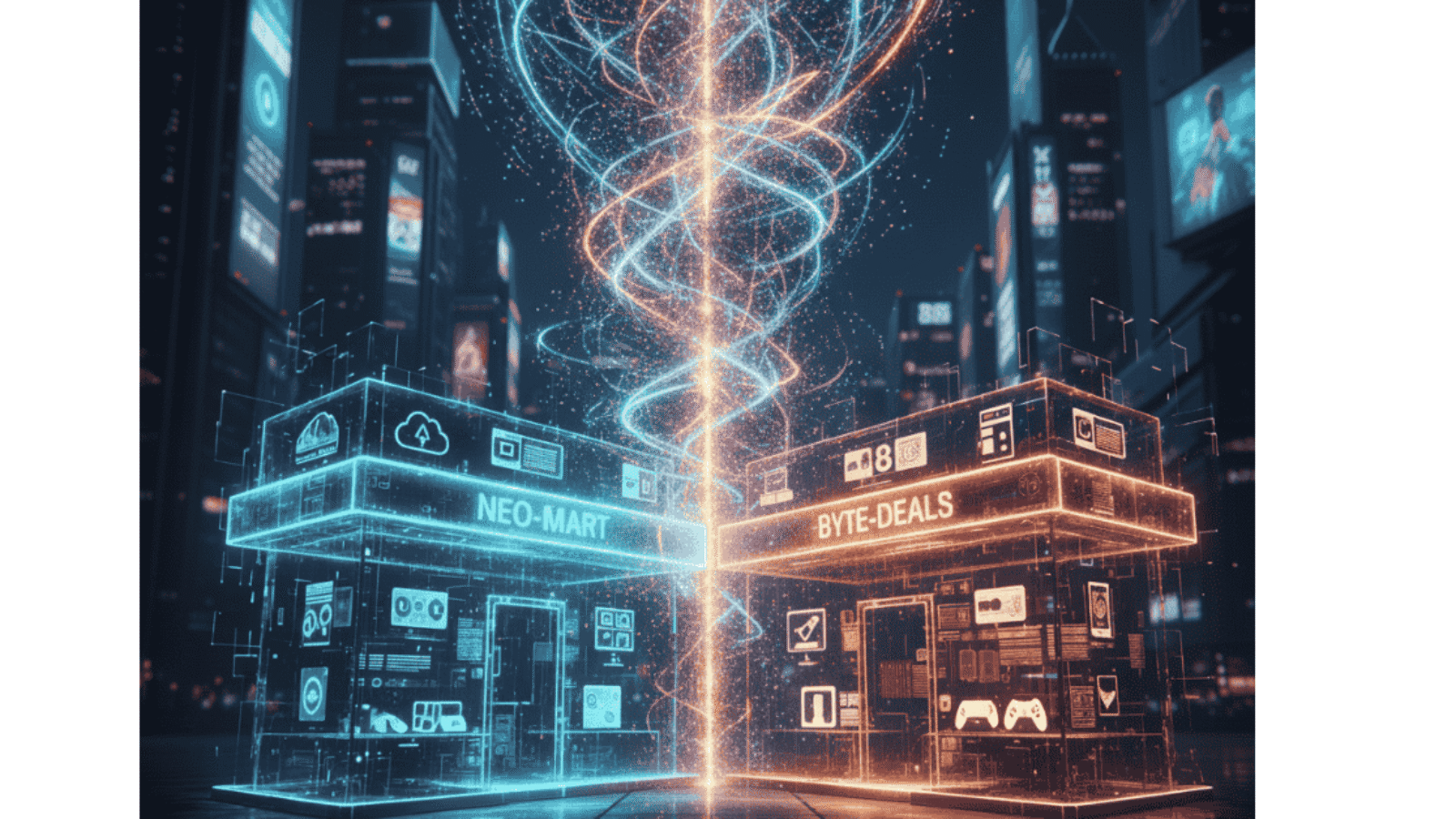 Two overlapping digital stores merging visually with light trails for Can I Buy an Ecommerce Business