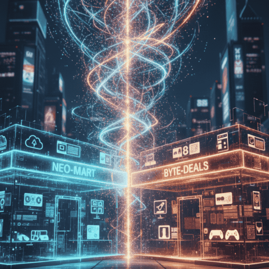 Two overlapping digital stores merging visually with light trails for Can I Buy Ecommerce Business