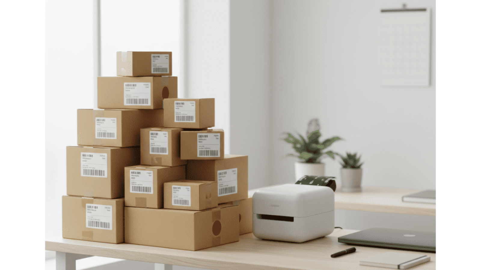 Minimalist home workspace with neatly stacked packages and shipping labels showing how to Can I Start Ecommerce Business from Home effectively