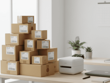 Minimalist home workspace with neatly stacked packages and shipping labels showing how to Can I Start Ecommerce Business from Home effectively