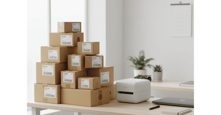 Minimalist home workspace with neatly stacked packages and shipping labels showing how to Can I Start Ecommerce Business from Home effectively