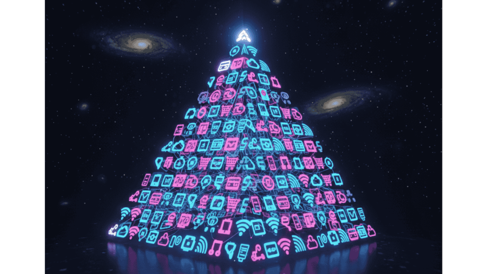 Floating icons of products and services forming a glowing pyramid, symbolizing how E commerce Can Help Businesses By achieving organized growth and online success.