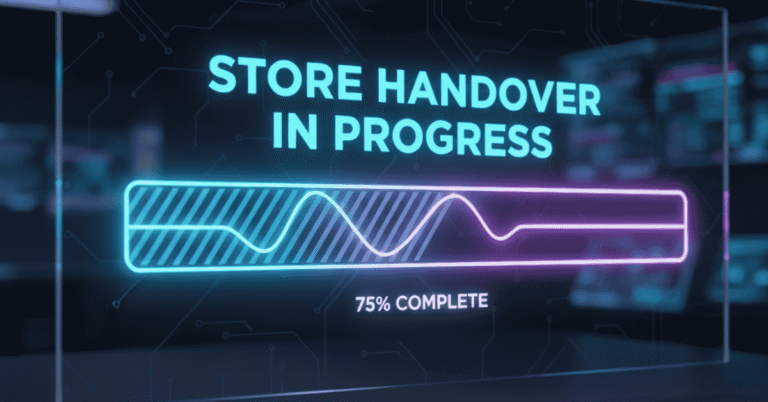 Glowing progress bar showing store handover for Ecommerce Business Transition Questions.
