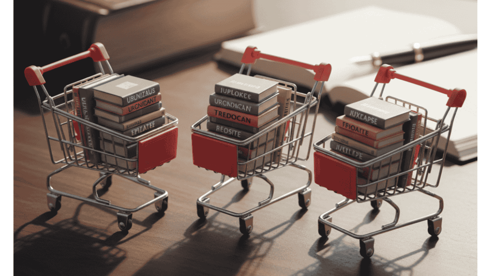 Mini shopping cart carrying colorful glossary books representing ecommerce finance glossary for online business growth.