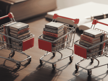 Mini shopping cart carrying colorful glossary books representing ecommerce finance glossary for online business growth.