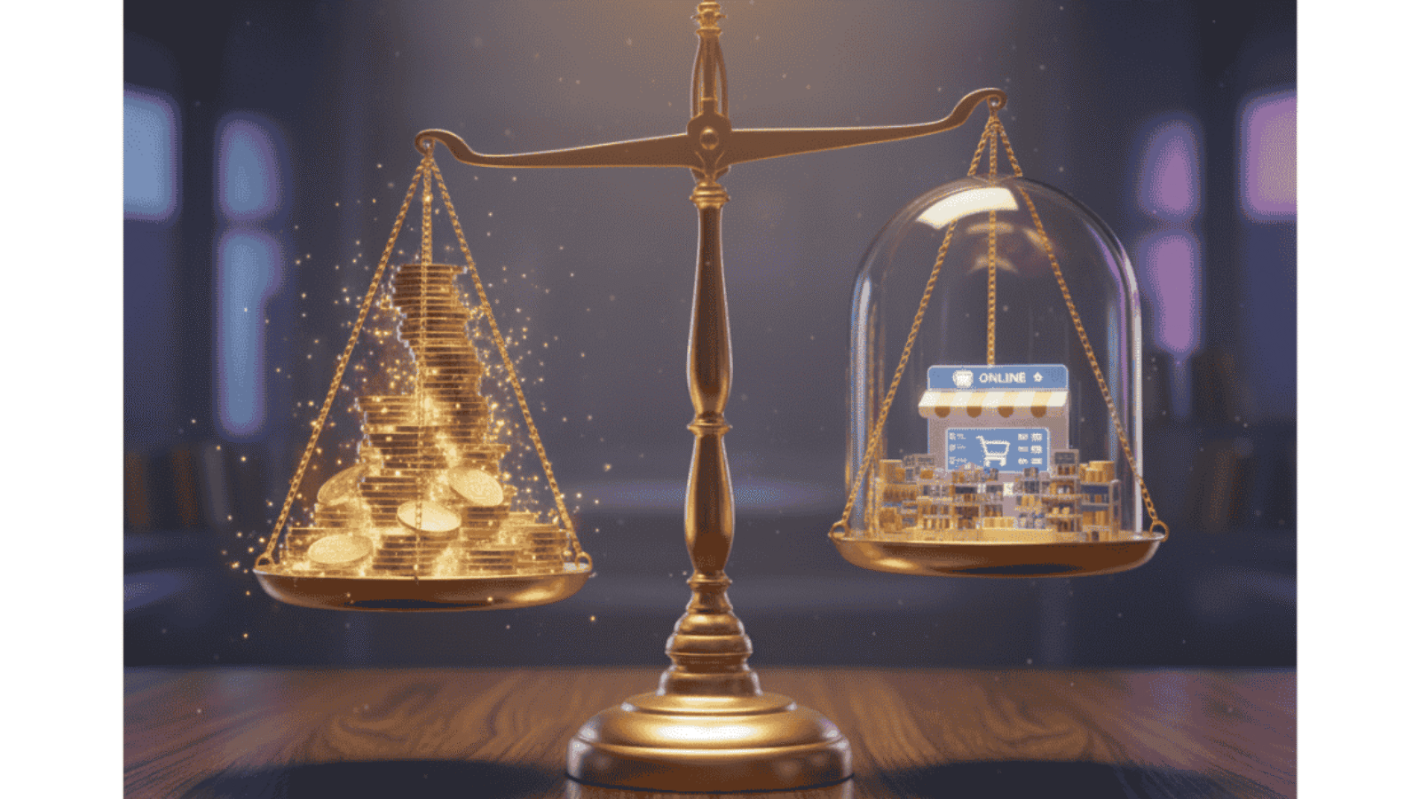 A golden scale balancing stacks of coins and a miniature online store, illustrating How Are Ecommerce Businesses Valued.