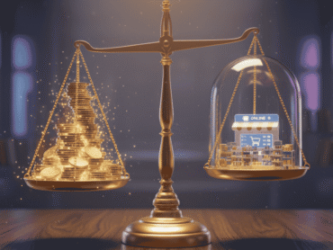 A golden scale balancing stacks of coins and a miniature online store, illustrating How Are Ecommerce Businesses Valued.