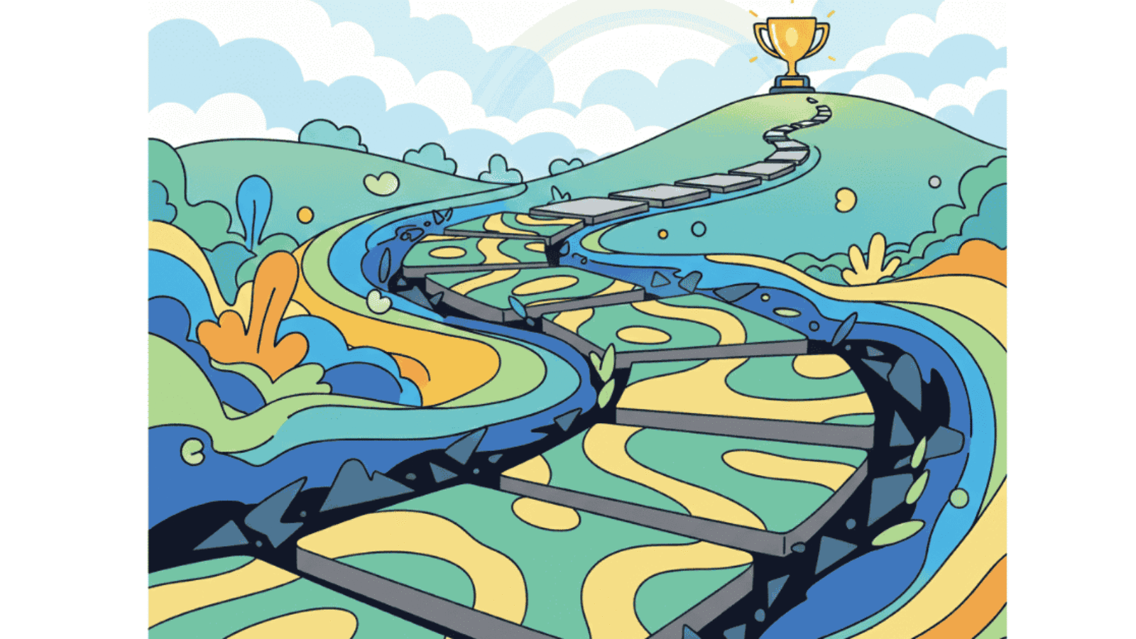 Cartoon-style package boxes forming a path to success, illustrating Is E Commerce Business Easy in 2025.