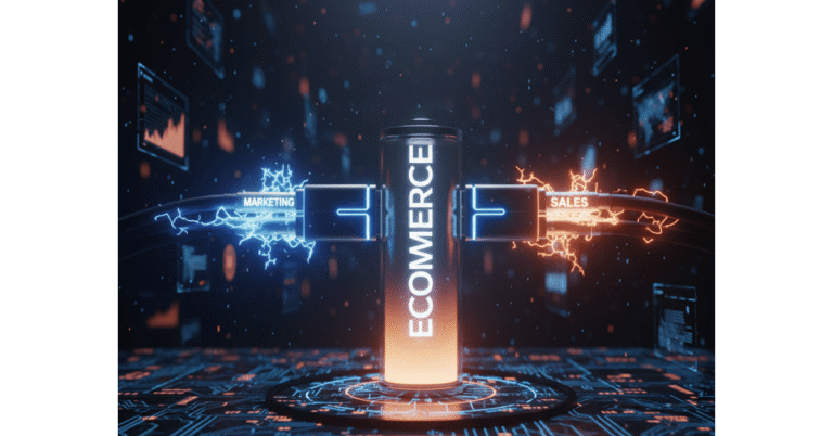 A glowing battery labeled “Ecommerce” being charged by two cords named Sales and Marketing, symbolizing the question — Is eCommerce Sales or Marketing.