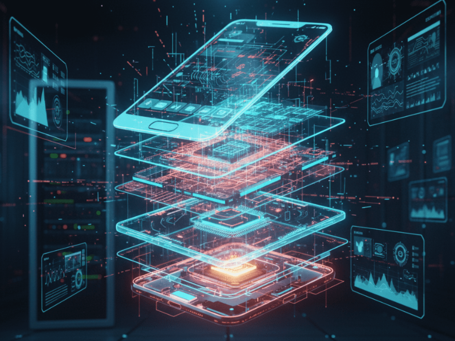 Floating holographic layers peeling apart to reveal the internal structure and depth behind product facts.