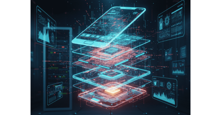 Floating holographic layers peeling apart to reveal the internal structure and depth behind product facts.