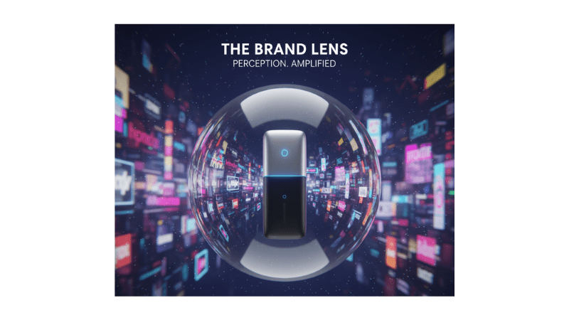 A product suspended inside a bubble that perfectly refracts an entire muted marketplace. (Brand as lens for market perception)