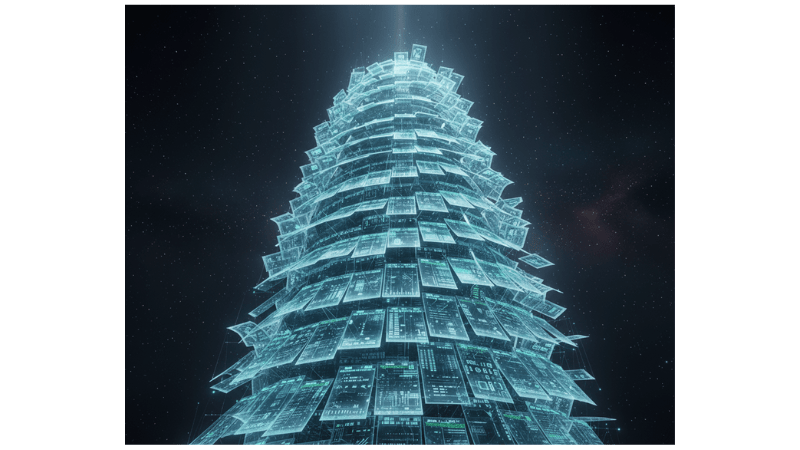 Floating ledger pages building a tower – every sheet aligns midair as proof of meticulous preparation.