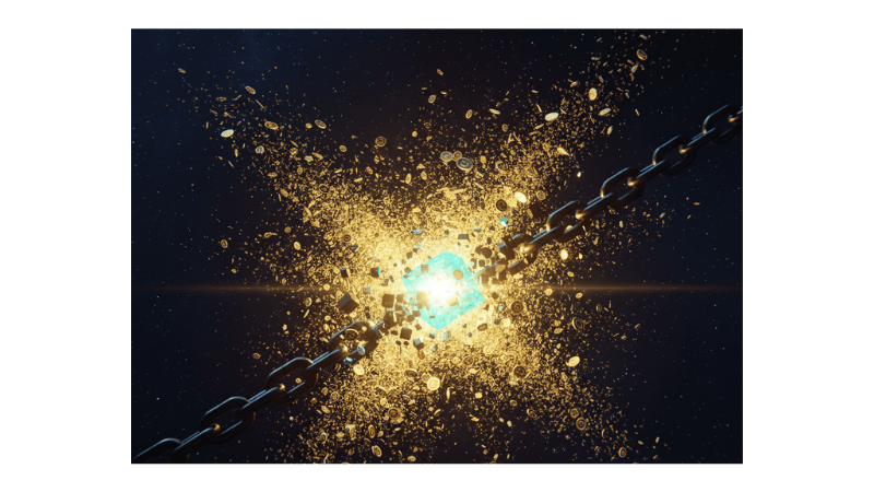 A dark chain of cubes breaking at one glowing cube, releasing tiny sparks that form floating currency – sudden trigger.