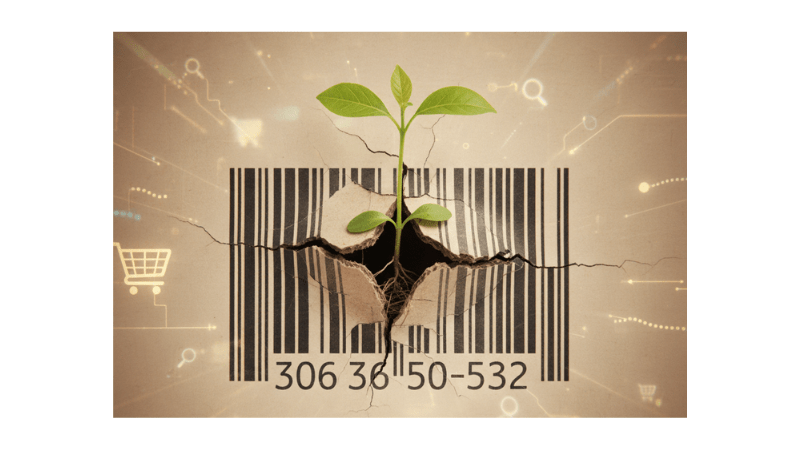 A small plant growing through a cracked barcode – small brands breaking through e-commerce.