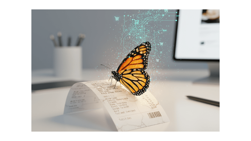 A butterfly emerging from a folded receipt – transformation from physical to digital sales.