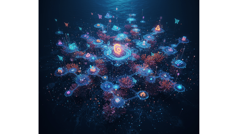 A coral reef made of interconnected symbols (products, data, logistics) – living ecosystem of e-commerce.