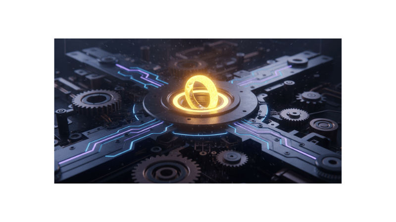 A glowing ring fitting snugly into a large mechanism — “small but essential” visual.