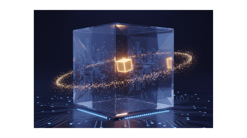 Tiny glowing cube orbiting larger transparent one.