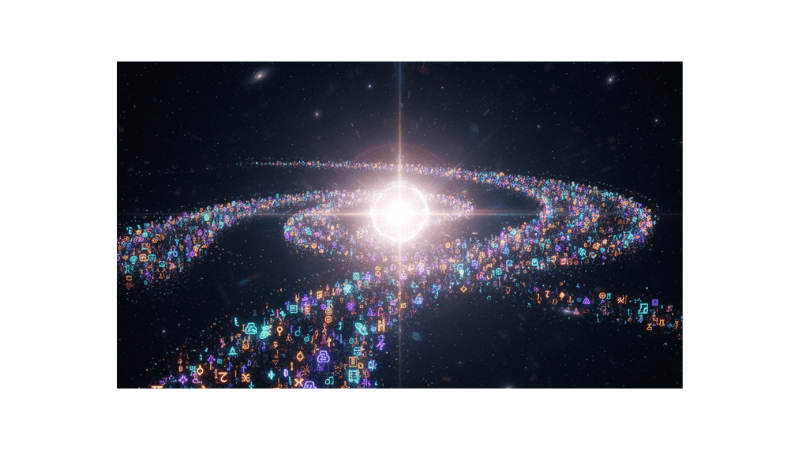 Abstract river of symbols flowing toward a radiant core.