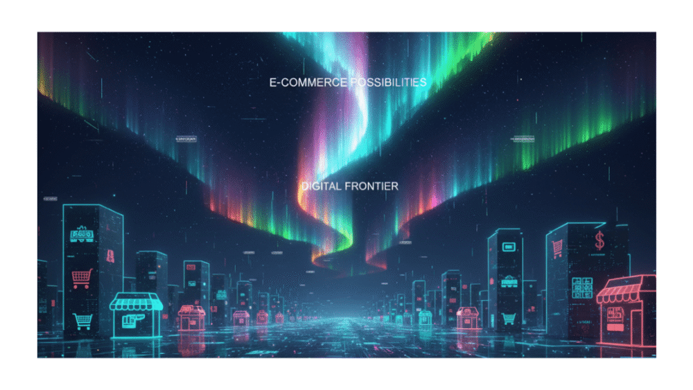 A digital aurora shining over a horizon of glowing store icons, symbolizing how e commerce can help businesses by opening limitless digital possibilities.