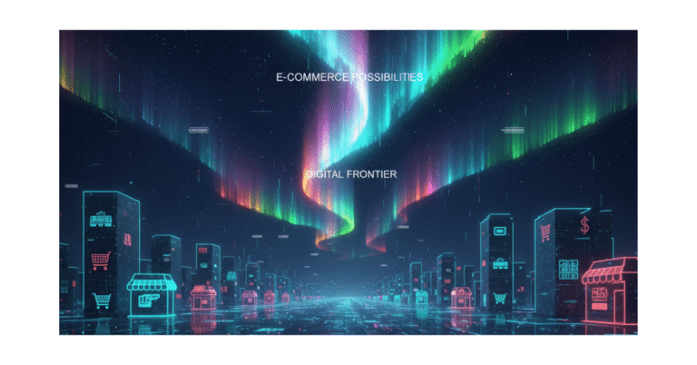 A digital aurora shining over a horizon of glowing store icons, symbolizing how e commerce can help businesses by opening limitless digital possibilities.