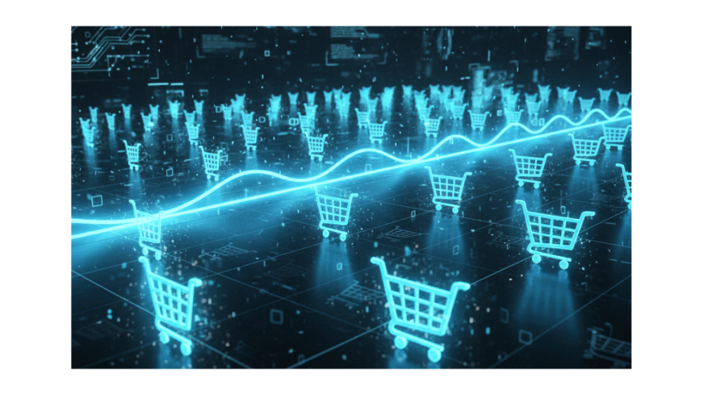 A digital quantum field where fading shopping carts reignite in sequence as a glowing pulse moves through, representing automated Abandoned Cart Recovery Strategies.