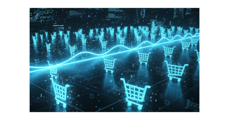 A digital quantum field where fading shopping carts reignite in sequence as a glowing pulse moves through, representing automated Abandoned Cart Recovery Strategies.