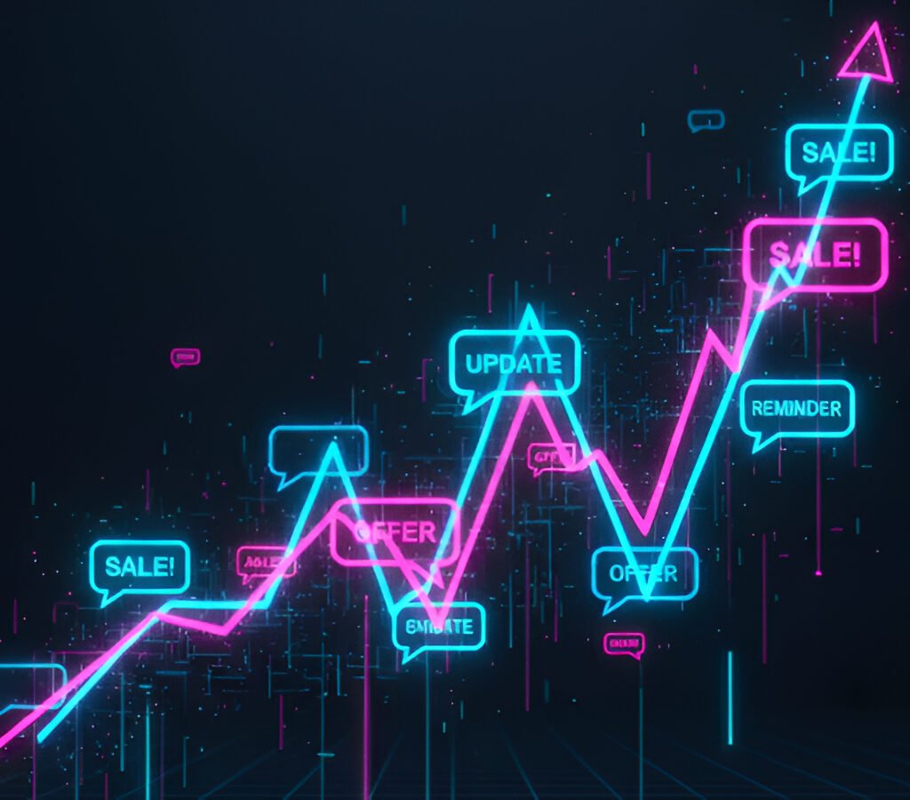 A glowing line chart formed from connected text messages.
