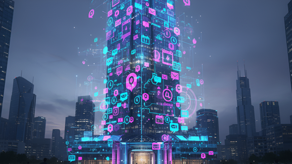 A skyscraper composed of notification icons and time markers, symbolizing SMS Marketing Best Practices for impactful messaging and audience connection.