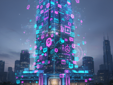 A skyscraper composed of notification icons and time markers, symbolizing SMS Marketing Best Practices for impactful messaging and audience connection.