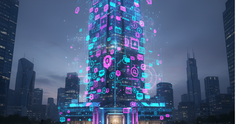 A skyscraper composed of notification icons and time markers, symbolizing SMS Marketing Best Practices for impactful messaging and audience connection.
