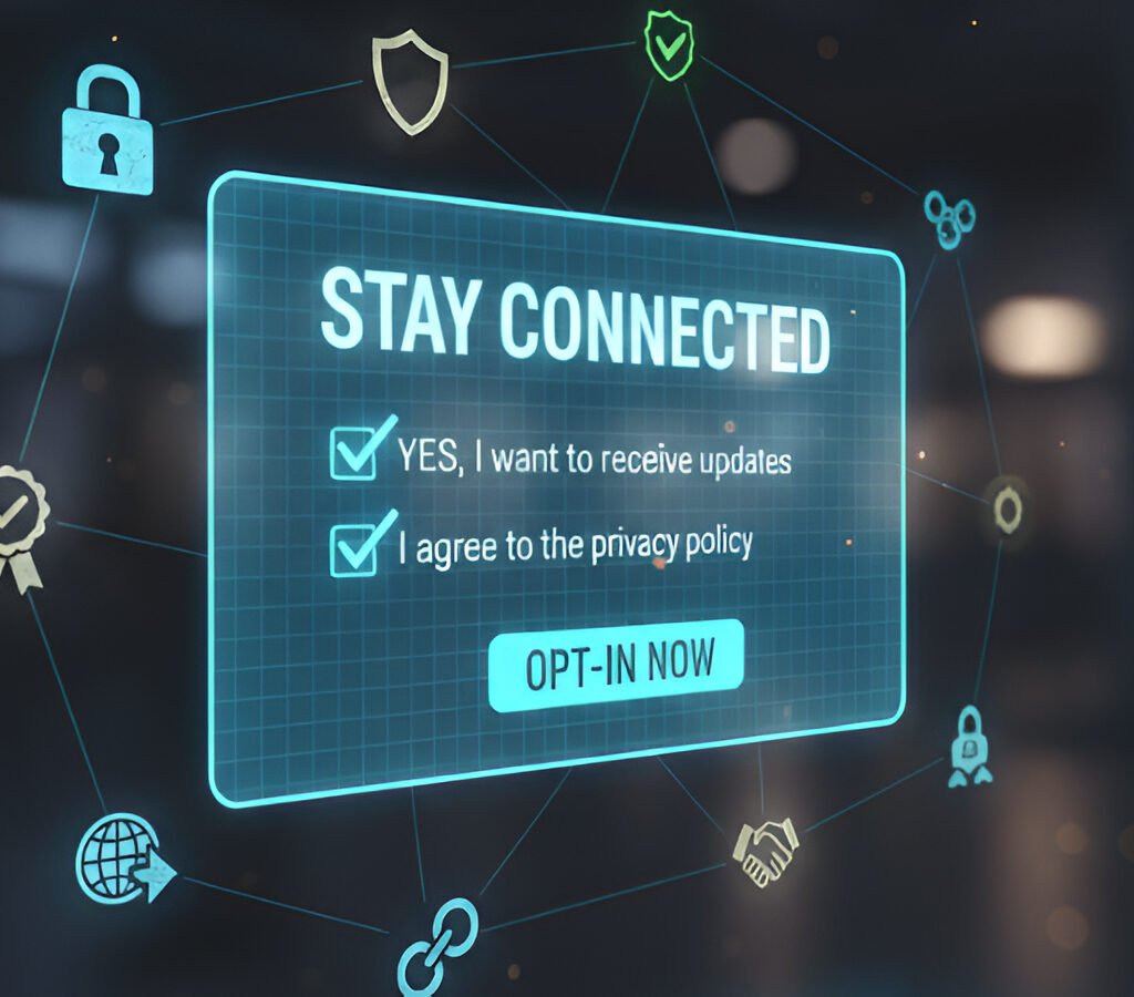 A transparent floating opt-in form surrounded by trust icons.