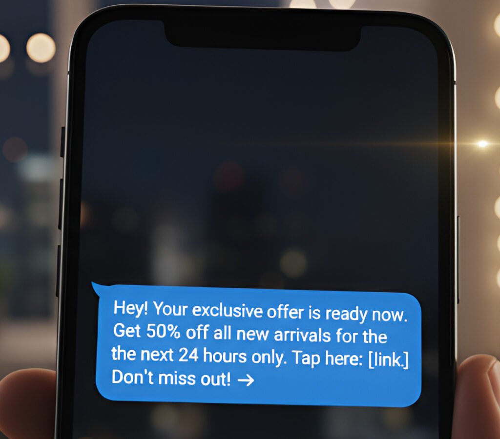 A minimalist phone screen displaying ultra-short, clean SMS copy.