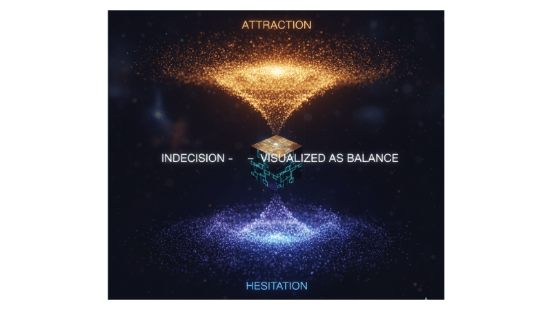 A single floating cube suspended between two magnetic fields — indecision visualized as balance between attraction and hesitation.