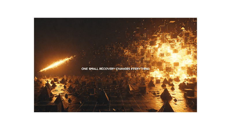 A single spark reigniting an entire field of geometric shapes — one small recovery changing everything.